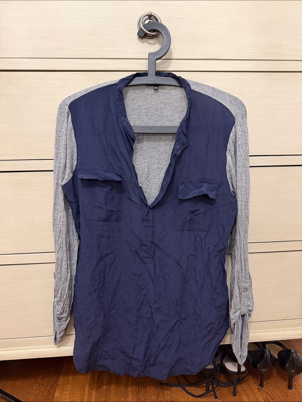 Navy and Heather Gray Two-Tone V-Neck Silk Women’s Top